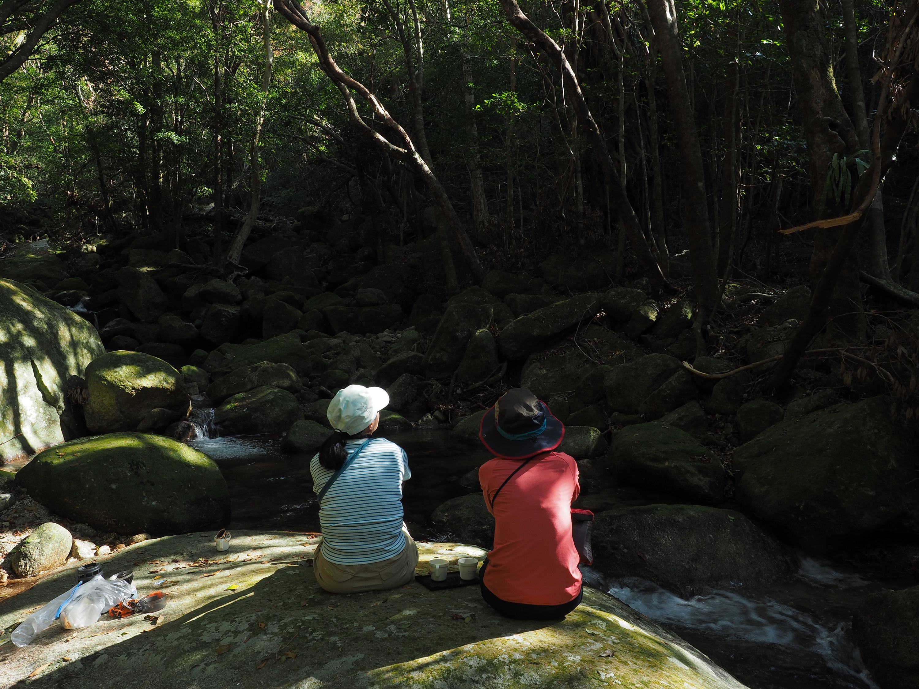 西部林道の沢で休憩